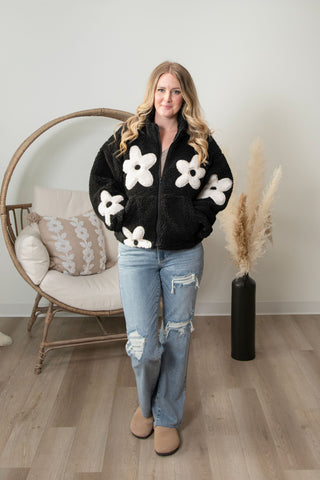 Cozy Blooms Sherpa Jacket - Black