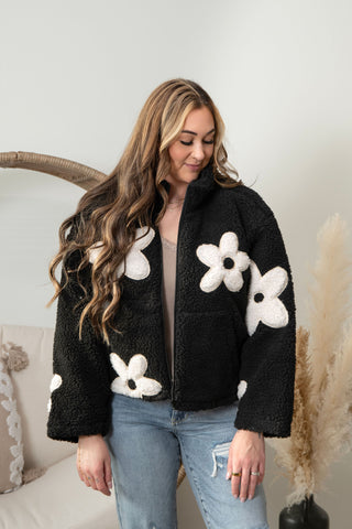 Cozy Blooms Sherpa Jacket - Black